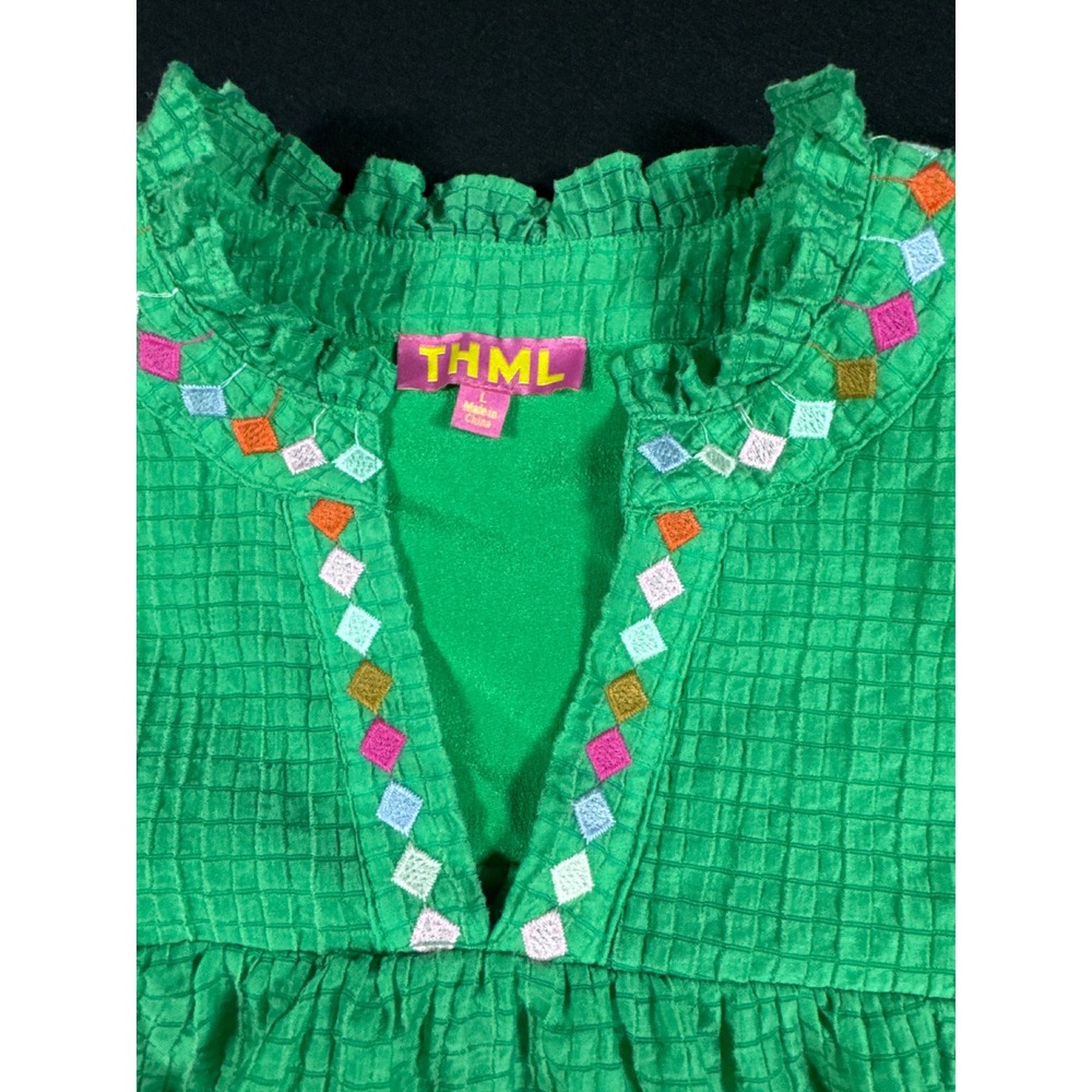 THML Green Seersucker Floral Embroidered Puff Sleeve Blouse Top Womens Large - Picture 2 of 7